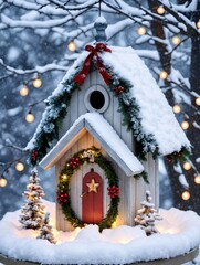 Photo Of Christmas Snow-Covered Birdhouse With Fairy Lights And A Wreath On Top