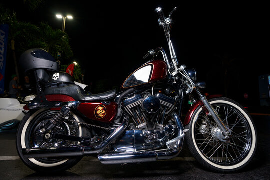 Photo of a Harley Davidson Motorcycle lit with flash at night