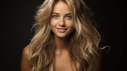 Fototapeta premium Beautiful smiling woman with long blonde wavy hair on a black background. Girl with beautiful hairstyle. content for a beauty salon and spa center. 