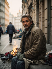Poor homeless man on polluted city streets, symbolizing societal crisis, urban poverty, housing crisis, environmental degradation. Generative AI