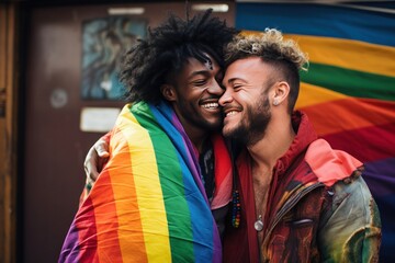 happy gay couple, wrapped in a rainbow flag representing LGBTQ+ pride