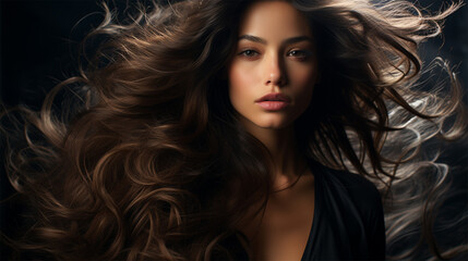 Close-up portrait of a brunette woman with flying hair looking at the camera.content or banner for a beauty salon