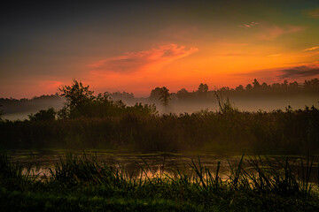 Morning fog at sunrise over the Suprasl River in Podlasie.