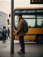 Young man at bus stop, forced migration for work concept, economic emigration, job relocation, emigrating for work, economic pressure concept, Generative AI