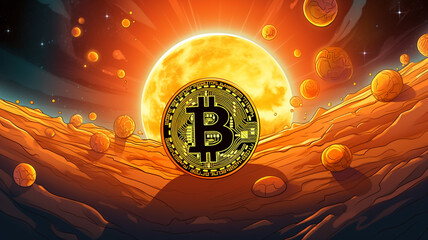 bitcoin on the moon or lunar surface, galaxy background