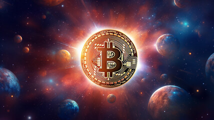explosion of bitcoin cryptocurrency, digital asset technology in the future on galaxy background - obrazy, fototapety, plakaty