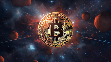 explosion of bitcoin cryptocurrency, digital asset technology in the future on galaxy background