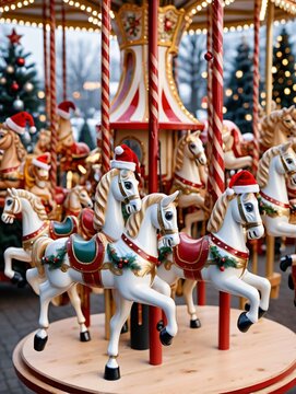 Photo Of Christmas Carousel With Wooden Horses