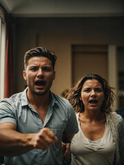 Obraz premium Couple displaying intense anger, divorce concept, relationship breakdown, emotional conflict, couple, intense anger, divorce, relationship breakdown, Generative AI