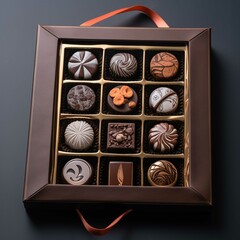 Box of assorted chocolates with red ribbon on black background.
