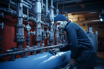 a foreman in overalls checks the condition of pipes and devices in the boiler room. 