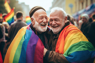 Two elderly gay men in love, embracing, with rainbow flags draped over their shoulders.