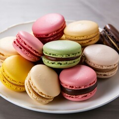 Obraz premium Colorful macaroons in a plate on a marble background