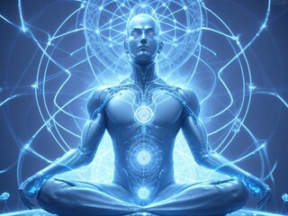 Silver mind cyborg man meditating simple, relaxing life