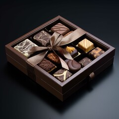 Box of assorted chocolates with red ribbon on black background.