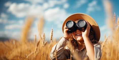 Young girl explores nature with binoculars - obrazy, fototapety, plakaty