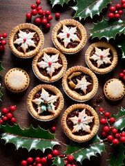 Fototapeta premium Photo Of Christmas Mince Pies Surrounded By Holly Leaves