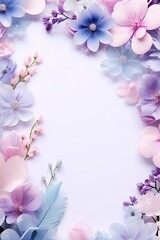 Fototapeta na wymiar Frame with colorful flowers on clear pastel purple background. Greeting card design for holiday, Mother's day, Easter, Valentine day. Springtime composition with copy space. Flat lay, top view