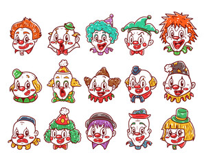 Naklejka premium Set of clown heads with hand-drawn illustration