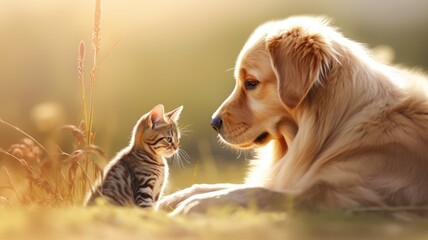Dog and cat, cute pets. Web banner with copy space - obrazy, fototapety, plakaty