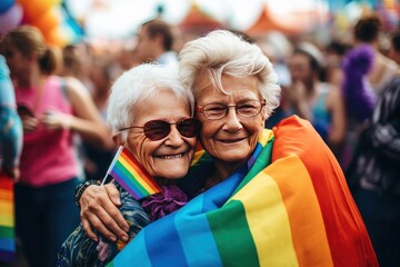 Fototapeta premium In the midst of a large demonstration, two elderly lesbian women with gray hair