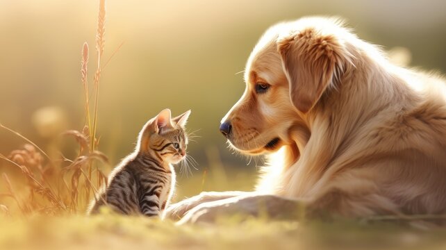 Dog and cat, cute pets. Web banner with copy space