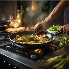 Stir fry vegetables in a wok on a gas stove