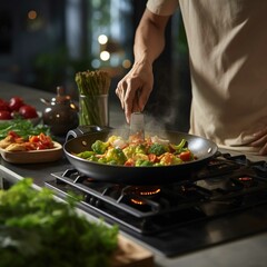 Stir fry vegetables in a wok on a gas stove