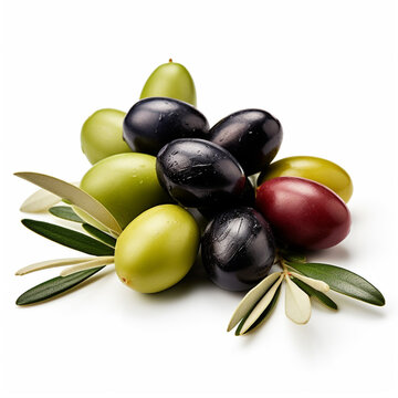 Olives with green and black olives on white background close up