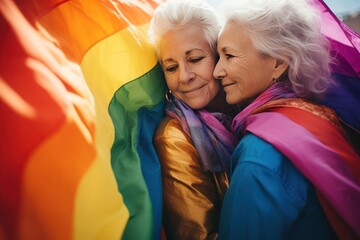 Two affectionate elderly women, lesbians with gray hair, lovingly embrace - obrazy, fototapety, plakaty