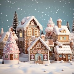 Christmas gingerbread houses in the snow. 3D illustration. Toned.