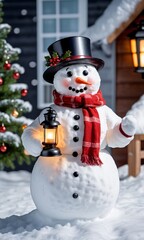 Photo Of Christmas Snowman Holding A Lantern