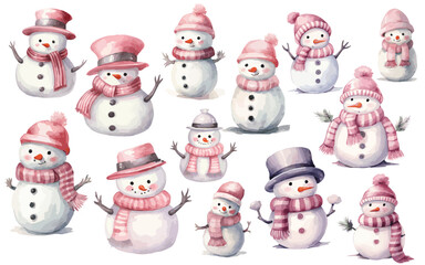 Christmas snowman set Pink and light Grey watercolor Vectors