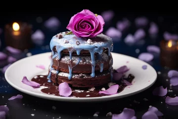 Poster Delicious cake with ice cream, blue rose topping, solid bokeh, highly detailed, fresh view. Generative AI © Ava