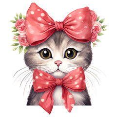 Watercolor Cat Big Red Bow Clipart