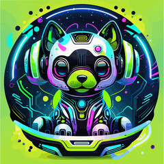 Cute alien green dog in a spacesuit. Vector illustration isolated on light background. Sticker.