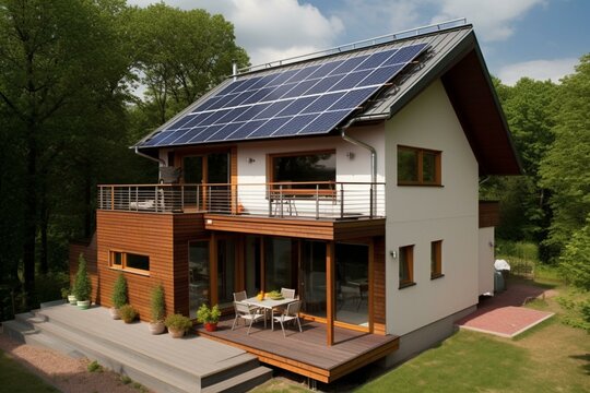 Energy-efficient house with rooftop solar panels. Generative AI