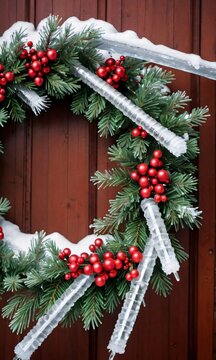 Photo Of Christmas Wreath Intertwined With Icicles