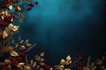 Red berries of mountain ash with golden leaves on dark blue background. Hawthorn berries. Nature Christmas backdrop with copy space