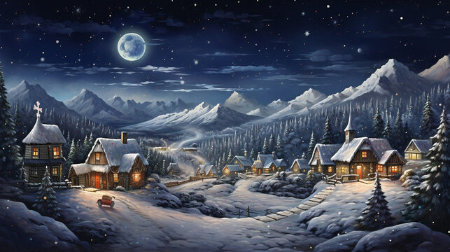 Snowy village in the mountains landscape Christmas background design. Holiday season, town, city, houses, Generative AI