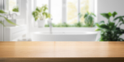 empty brown wooden tabletop for product display on blurred bright bathroom interior background - obrazy, fototapety, plakaty