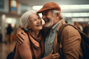 Joyful senior couple laughing together in a bustling station