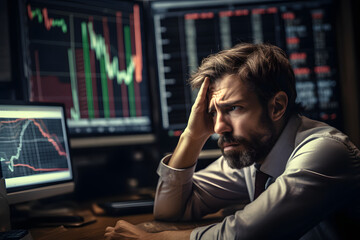 Man analyzes market data on multiple screens in a dim room