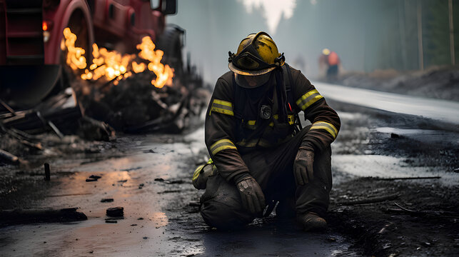 A fireman age of 50 sitting sadly,dirty and tired after fight with fire, on the street,burning venichles at the background.