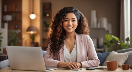 A beautiful, smiling woman of diverse ethnic background diligently works remotely from the comfort of her home on a laptop