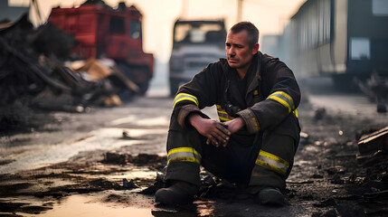 A fireman age of 40 sitting sadly,dirty and tired after fight with fire, on the street - obrazy, fototapety, plakaty