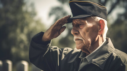 Old elderly man honors memory of fallen soldiers at cemetery. Concept Tribute after military conflict - obrazy, fototapety, plakaty
