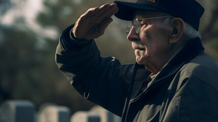 Old elderly man honors memory of fallen soldiers at cemetery. Concept Tribute after military conflict