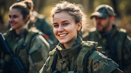 Portrait of smile young woman in uniform background team army. Banner private military mission - obrazy, fototapety, plakaty
