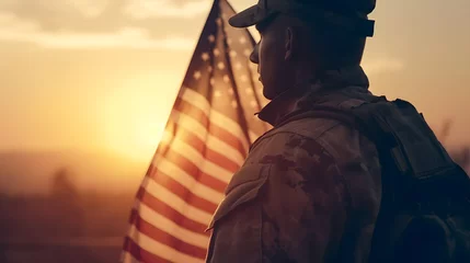 Tuinposter Portrait of man soldier in uniform background flag USA on sunset. Banner private military mission. © Adin